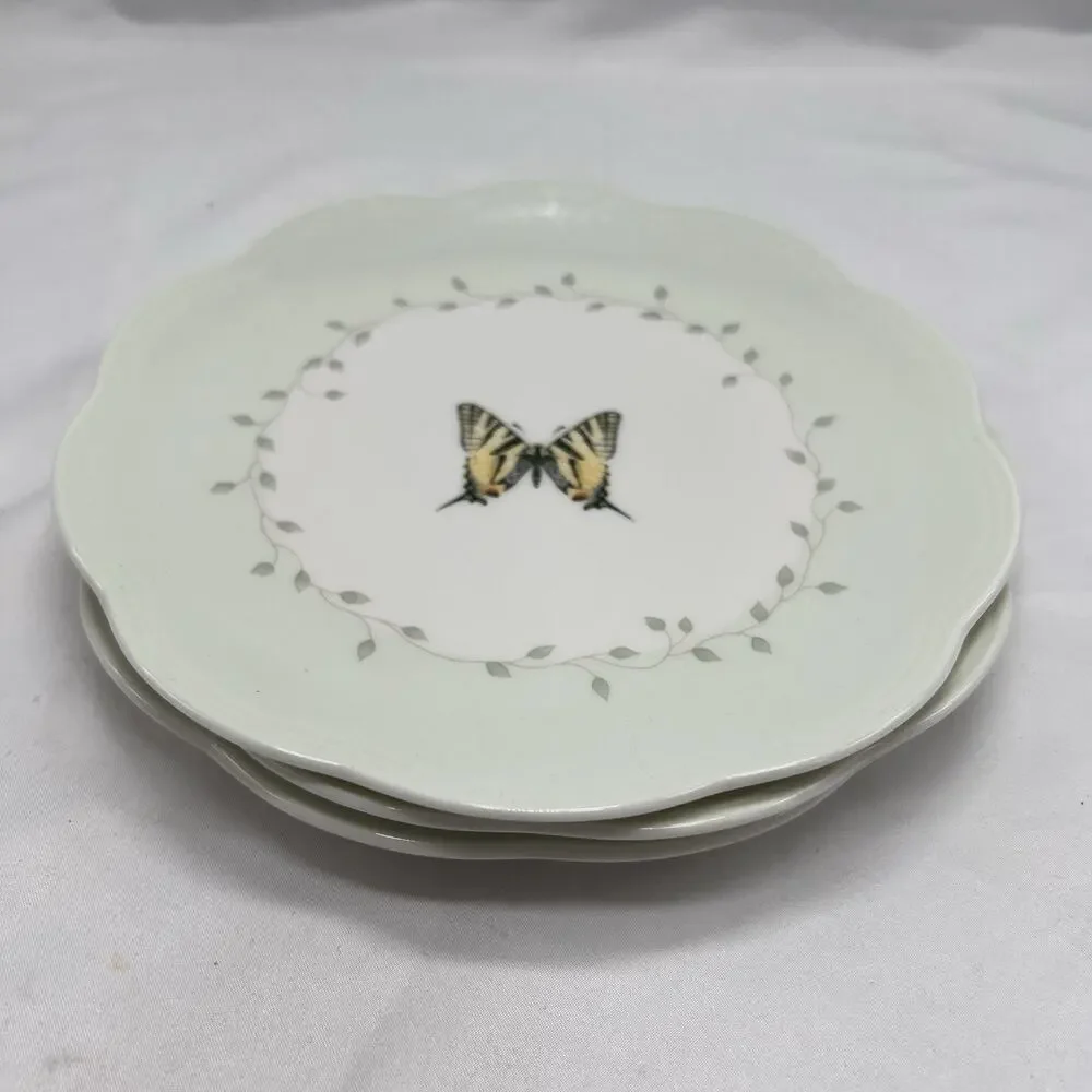 3 Lenox Butterfly Meadow Scallop Round Dessert Lunch Salad Plates Green‎ 8” Set